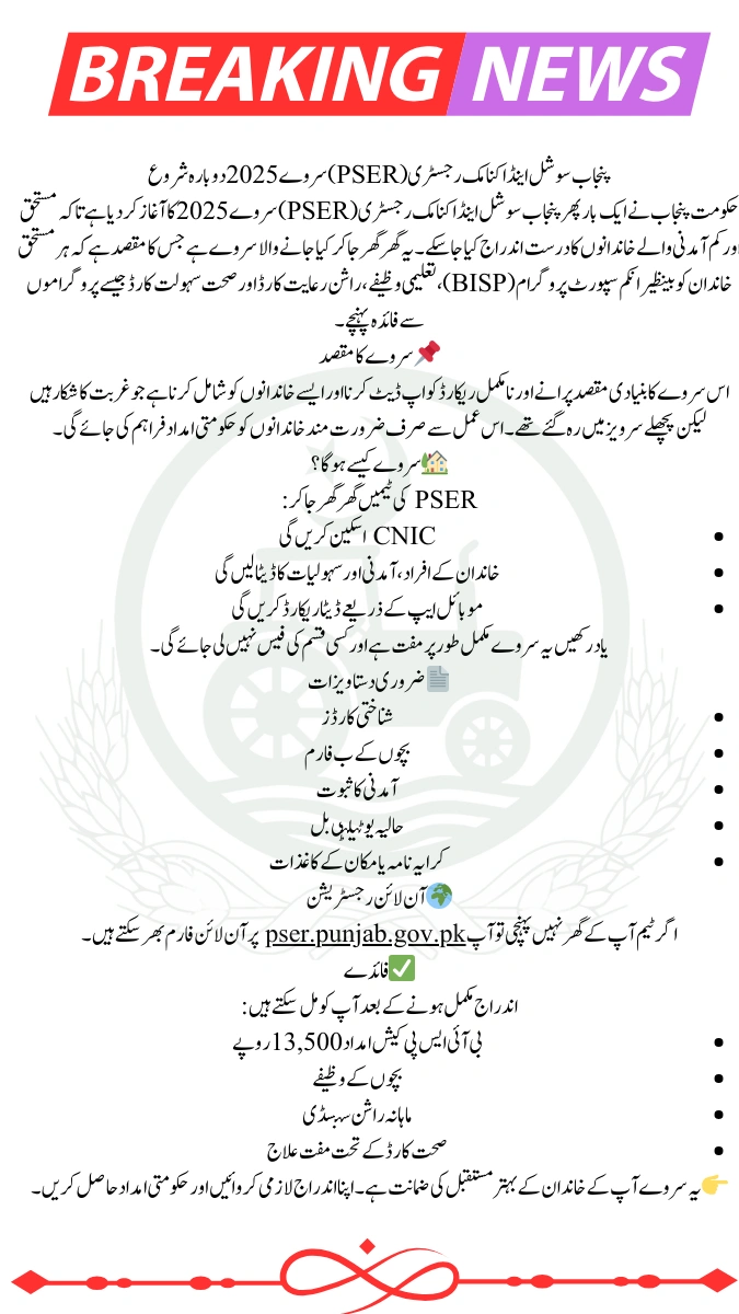 PSER Survey 2025 Resumes in Punjab – Door-to-Door Data Collection for Welfare Eligibility